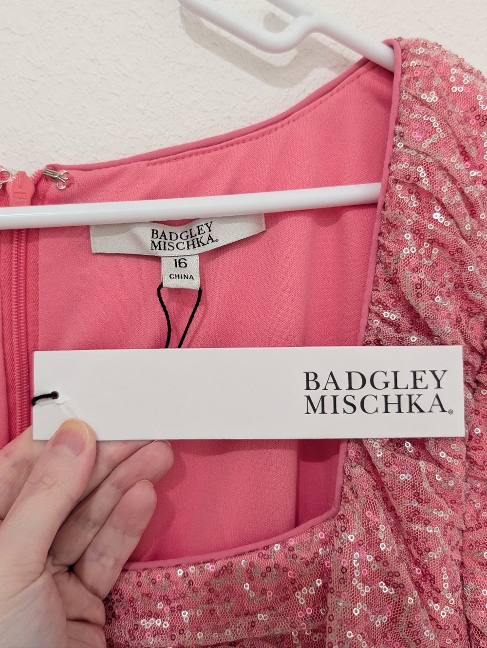 Badgley Mischka Light Pink Sequin Square Neck Ruched Cocktail Midi Dress 16 NWT - Picture 10 of 13